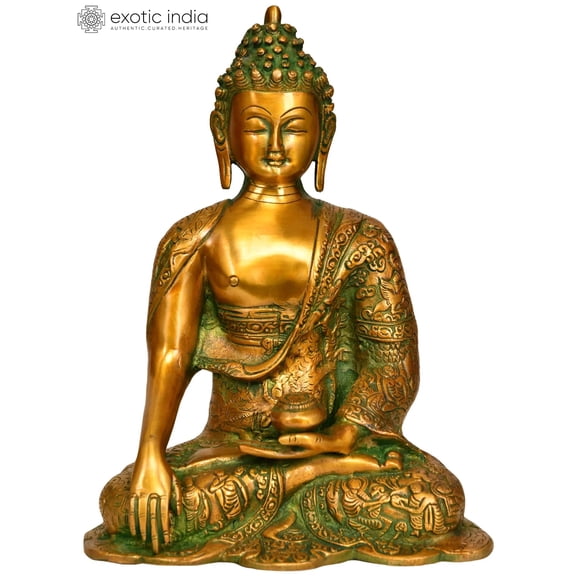 10" Buddhist Lord Buddha in Bhumisparsha Mudra with Life Scenes Carved on Robe | Handmade Brass Statue