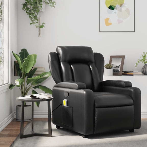 vidaXL Adult Leather Indoor 6-Point Vibration Massage and Adjustable Backrest Recliner, Black