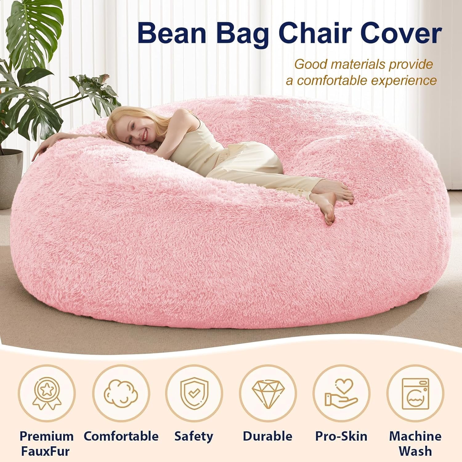 Fluffy Bean Bag for Stuffed Animals Storage, Faux Fur Washable Bean Bag Chair Cover(No Filler) for Textile Plush Toys, Beanbag Chair Cover for Adults Kids Teens, 6FT, Pink