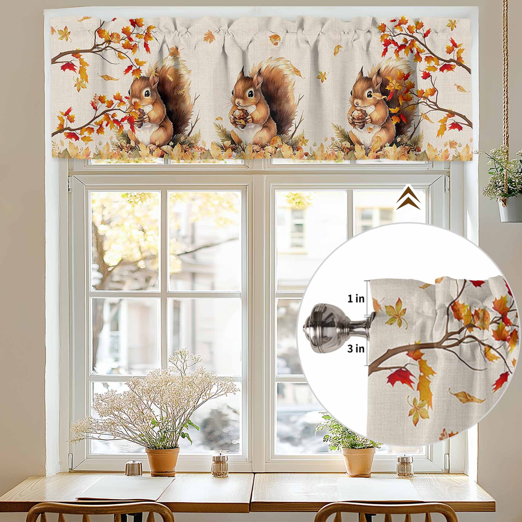 Thanksgiving Fall Valances for Windows, 60 x 18in, Squirrel Maple Leaf Cotton Linen Background Rod Pocket Kitchen Valance Curtain Light Filtering Window Treatments for Living Room Bedroom, 1 Panel