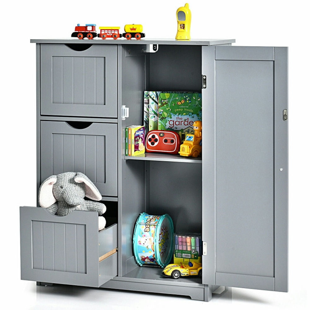 Finihen Storage Cabinet, Floor Cabinet, Bathroom Floor Cabinet Side Storage Cabinet with 3 Drawers and 1 Cupboard, for Bathroom, Living Room, Bedroom, Kitchen, Gray