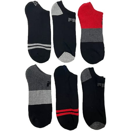 Fila Men's 6-Pack Color Block Stripes Half Cushion No Show Socks Black
