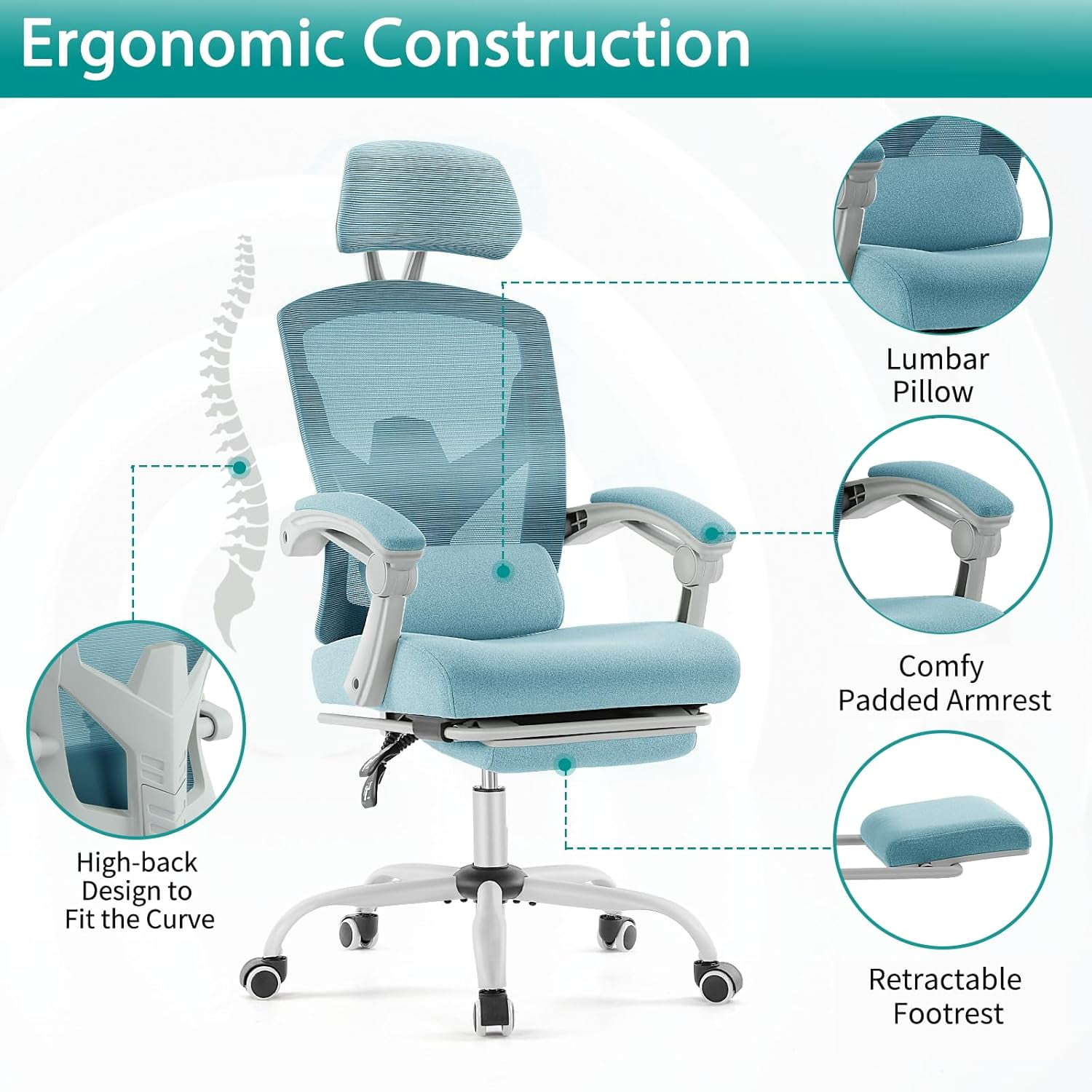 Atilioo Ergonomic Office Desk Chair with Adaptive Lumbar Support, Headrest & Retractable Footrest, Breathable Mesh Rolling Swivel Chair for Back Pain Relief, Blue