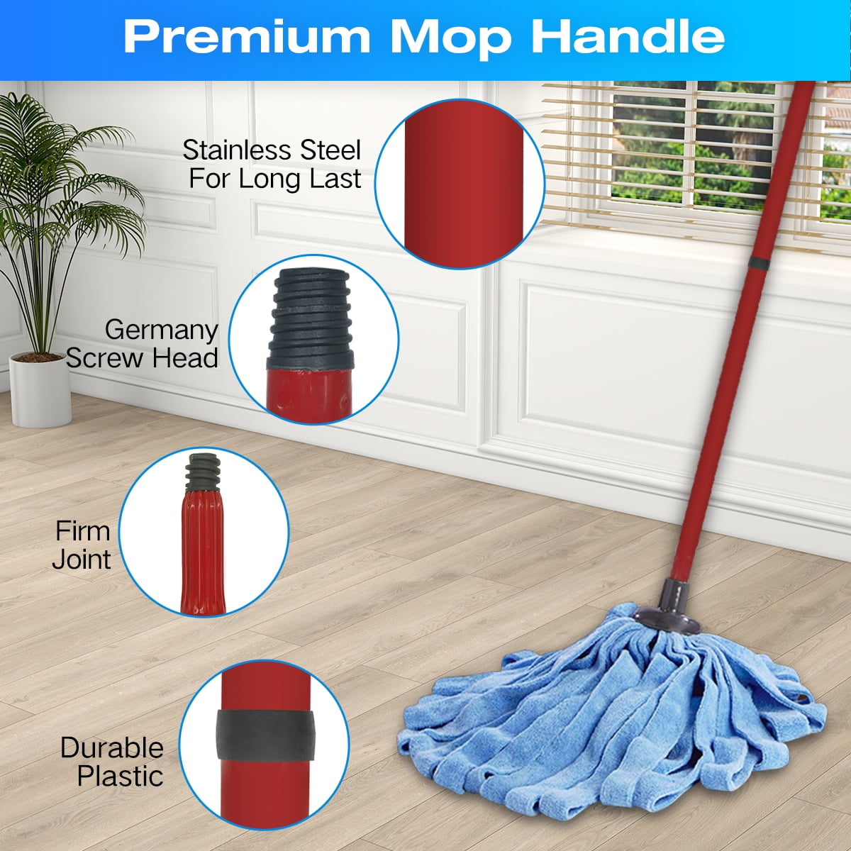Spin Mop Set Compatible with O-Cedar QuickWring Bucket, 1 Adjustable Mop Handle (22"-46") + 2 Microfiber Cloth Mop Refills for Household Cleaning