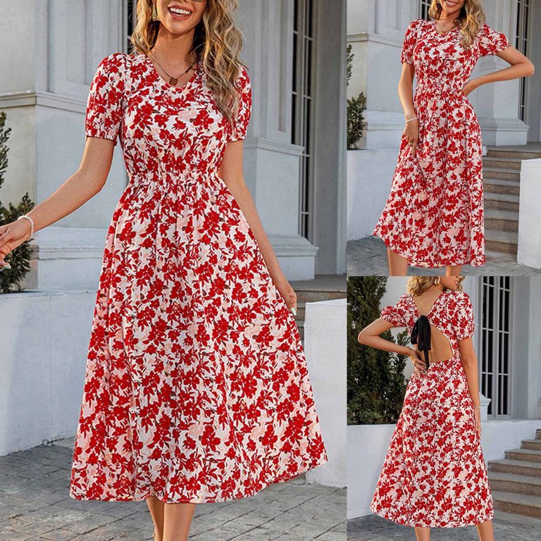 OAVQHLG3B Women's Summer Fashion Casual Short Sleeve Printed Beach