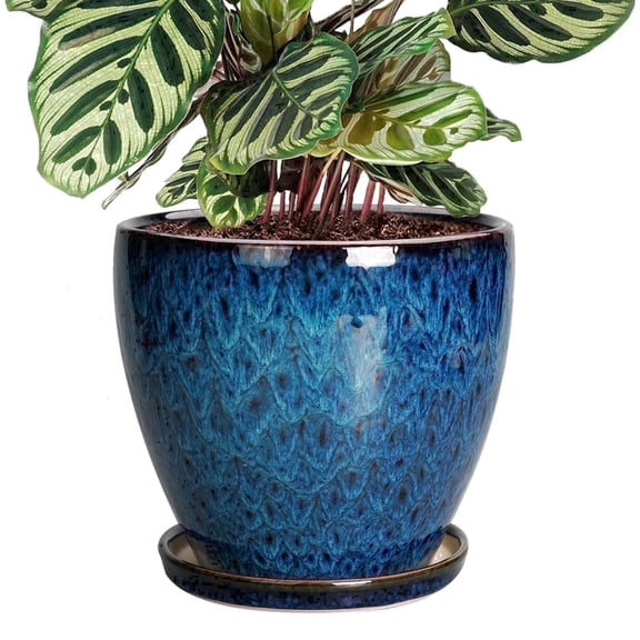 Ordivic 6 in Peacock Blue Reactive Glaze Ceramic Planter Pots with Drainage Hole and Matching Saucer, Indoor Flower Pot for Orchids Succulents Small House Plants