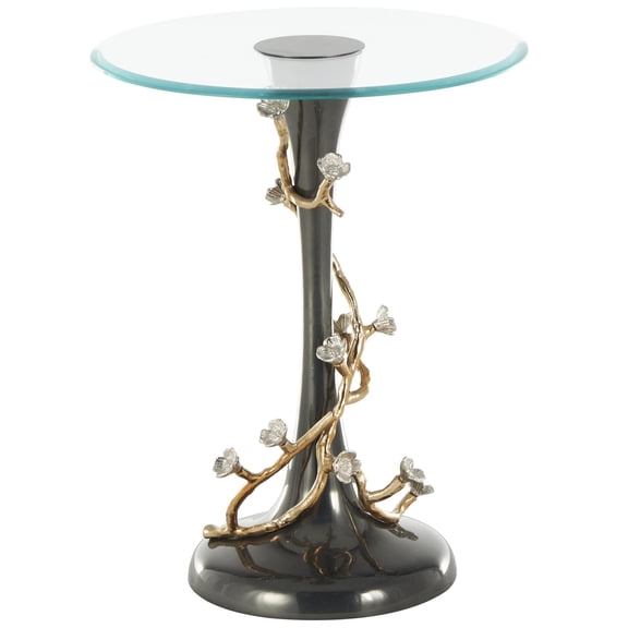 DecMode 18" x 23" Black Aluminum Metal Twisted Vine Floral Accent Table with Gold and Silver Accents and Glass Tabletop, 1-Piece