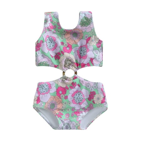 

Canis Hollowed Swimsuit with Flower Print for Kids Girls Sleeveless Crew Neck Bikini