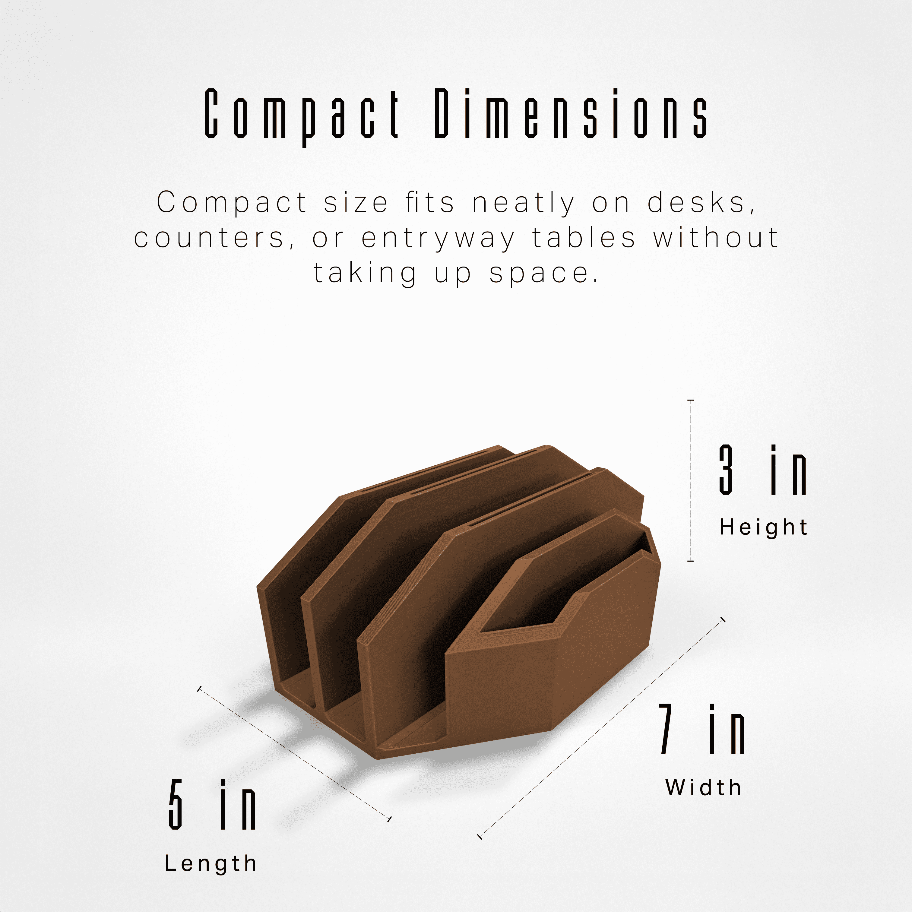 Modern Minimalist Mail Organizer (Coffee Brown) – Compact Desk Mail Holder with Tabs & Small Storage– 3D Printed in Multiple Colors