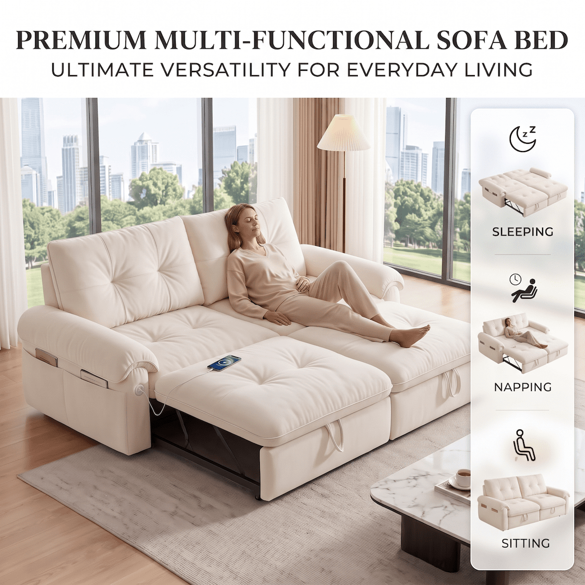 Xiweot Convertible Sleeper Sofa Bed, 77" Queen Size Pull Out Couch with Side Pocket, Adjustable Backrest & USB Ports, Comfy Velvet Loveseat for Living Room Apartment Small Space (Beige)