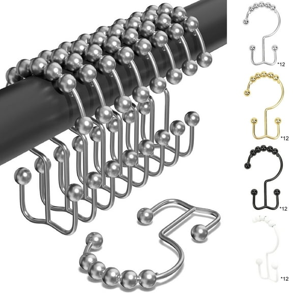 Yhmxh 12PCS Shower Curtain Hooks Rings, Double Sided Shower Curtain Hooks with Anti Slip Roller Balls, Stainless Steel Shower Hooks Rust Proof for Bathroom Shower Curtain Rod Curtains, Free Gliding