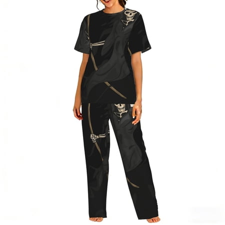 Womens Pajamas Set Loungewear Short Sleeve Top Long Pants Pj Sets with Pockets Grim Reaper Skull Moon