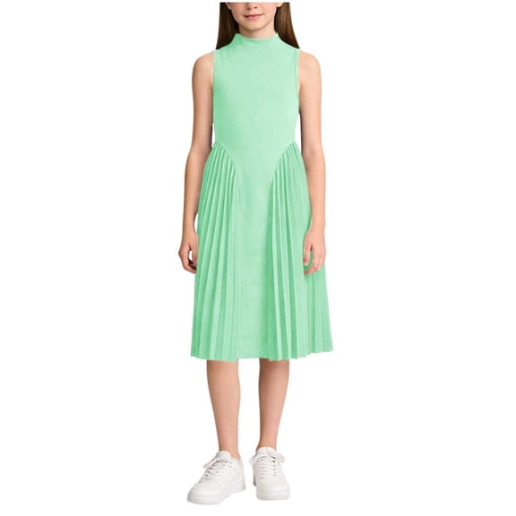 Levmjia Girls Dress 8 - 13 Years Sleeveless Round Neck Solid Color Casual Comfortable Kids Dress Pure Color Middle School Girls A - line Pleated Back to School Outfit for Tween Girls