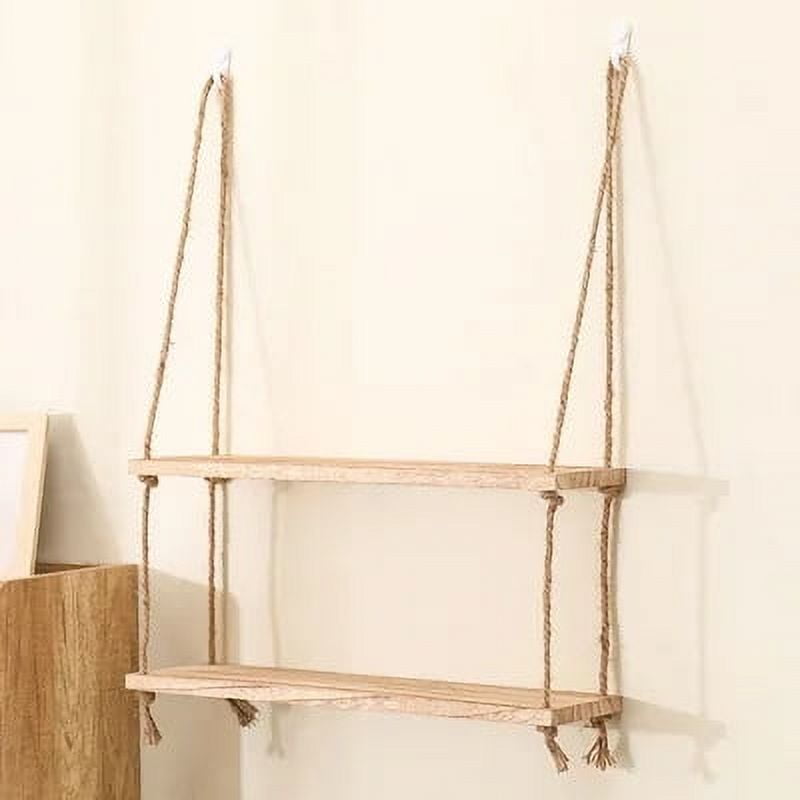 Wooden Floating Shelves for Wall Plant Flower Wood Swing Hanging Rope Storage Home Living Room Decor 1/2/3-tier