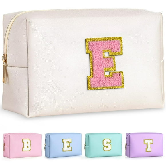 Bolsa de maquillaje de viaje TOPEAST para mujer - Neceser de viaje de cuero impermeable con inicial personalizada | Regalos de cumpleaños (Blanco perlado E)