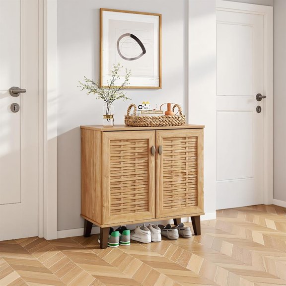Topcobe 2-Door 4-Tier Shoe Cabinet Storage Organizer with Ventilated Woven Doors, Modern Furniture for Indoor-Teak