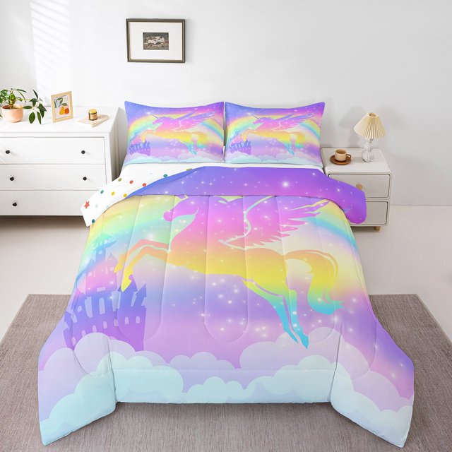Erosebridal Ensembles de Literie Licorne Bling Double avec Couette, Insert de Couette Princesse de Rêve, Décoration de Château, Réversible, Léger, 3 Pcs