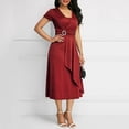 thumbnail image 2 of Vestido de fiesta midi ajustado con cintura asimétrica y escote en V y manga corta para mujer de talla grande, 2 of 5