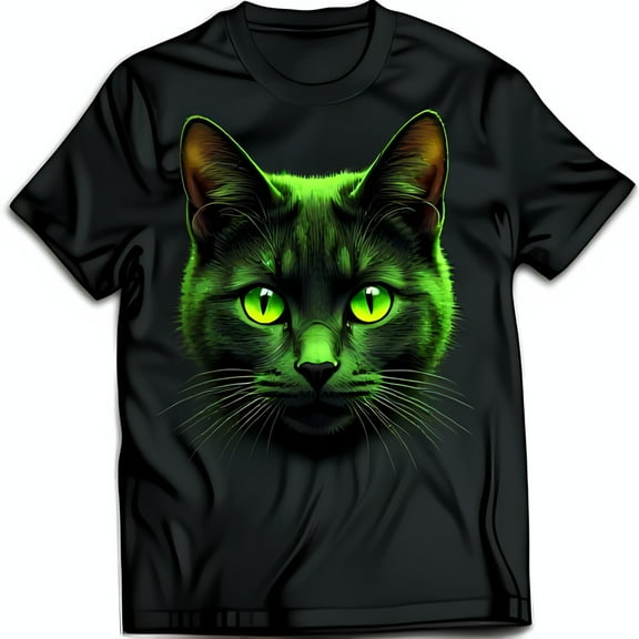 Black T-Shirt with Bold Green Cat Graphic & Bright Green Eyes Eye Catching Design