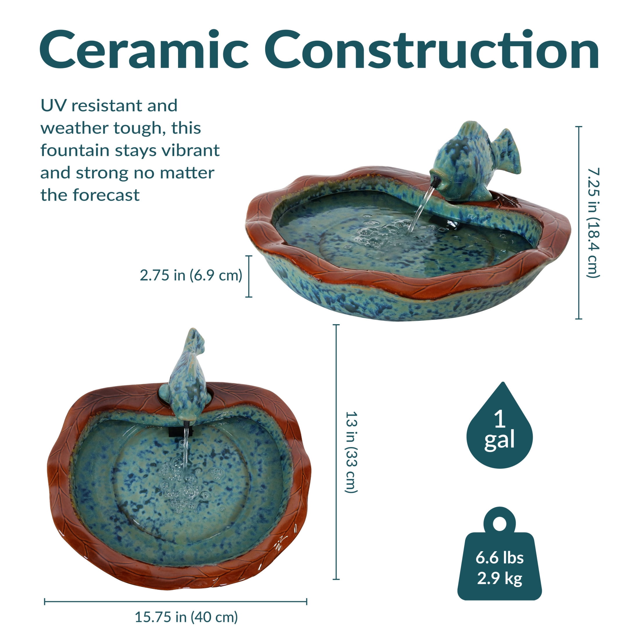 Sunnydaze Aqua Fish Glazed Ceramic Outdoor Water Fountain