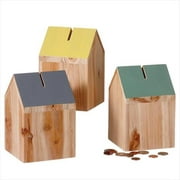 Angle View: Pack of 6 Jasmine Yellow, Slate Gray and Teal Green Wooden Birdhouse Piggy Banks 6.5"