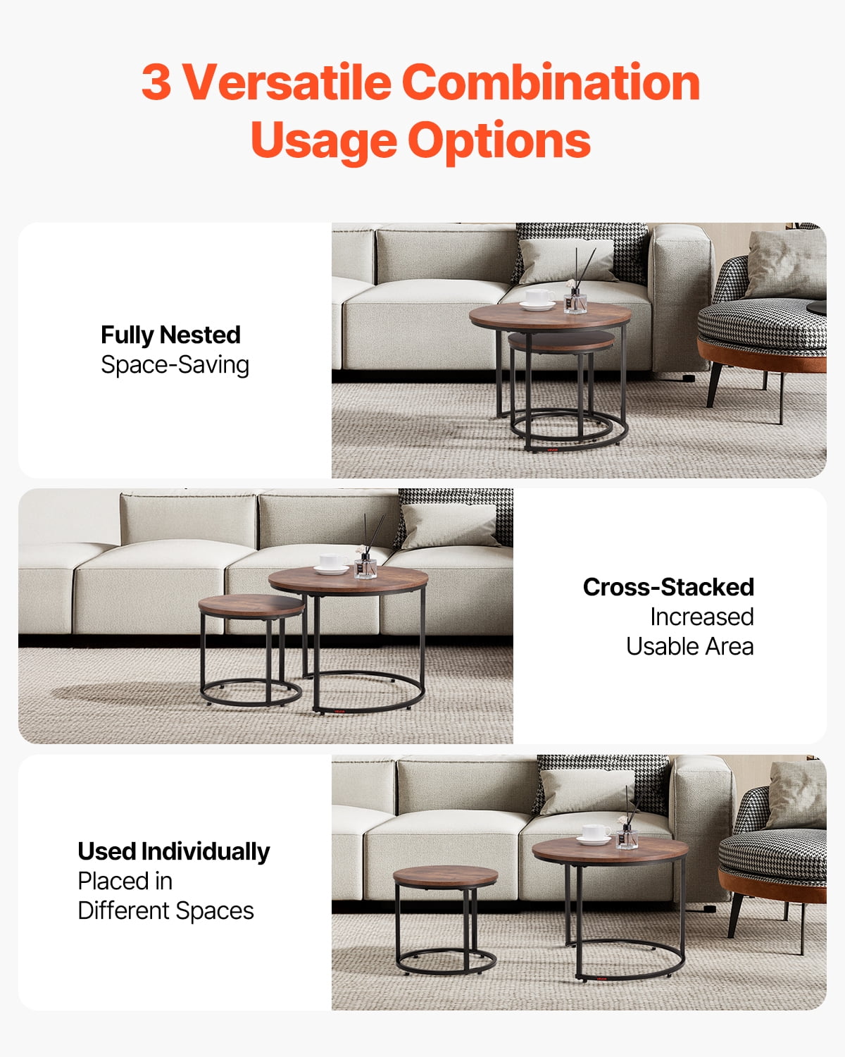 VEVOR Nesting Coffee Table Set of 2, 23.6 in Round Coffee Table,Nesting Tables for Small Place, End Side Tables Night Stand with Metal Frame, for Living Room, Bedroom, Office (Vintage Brown & Black)