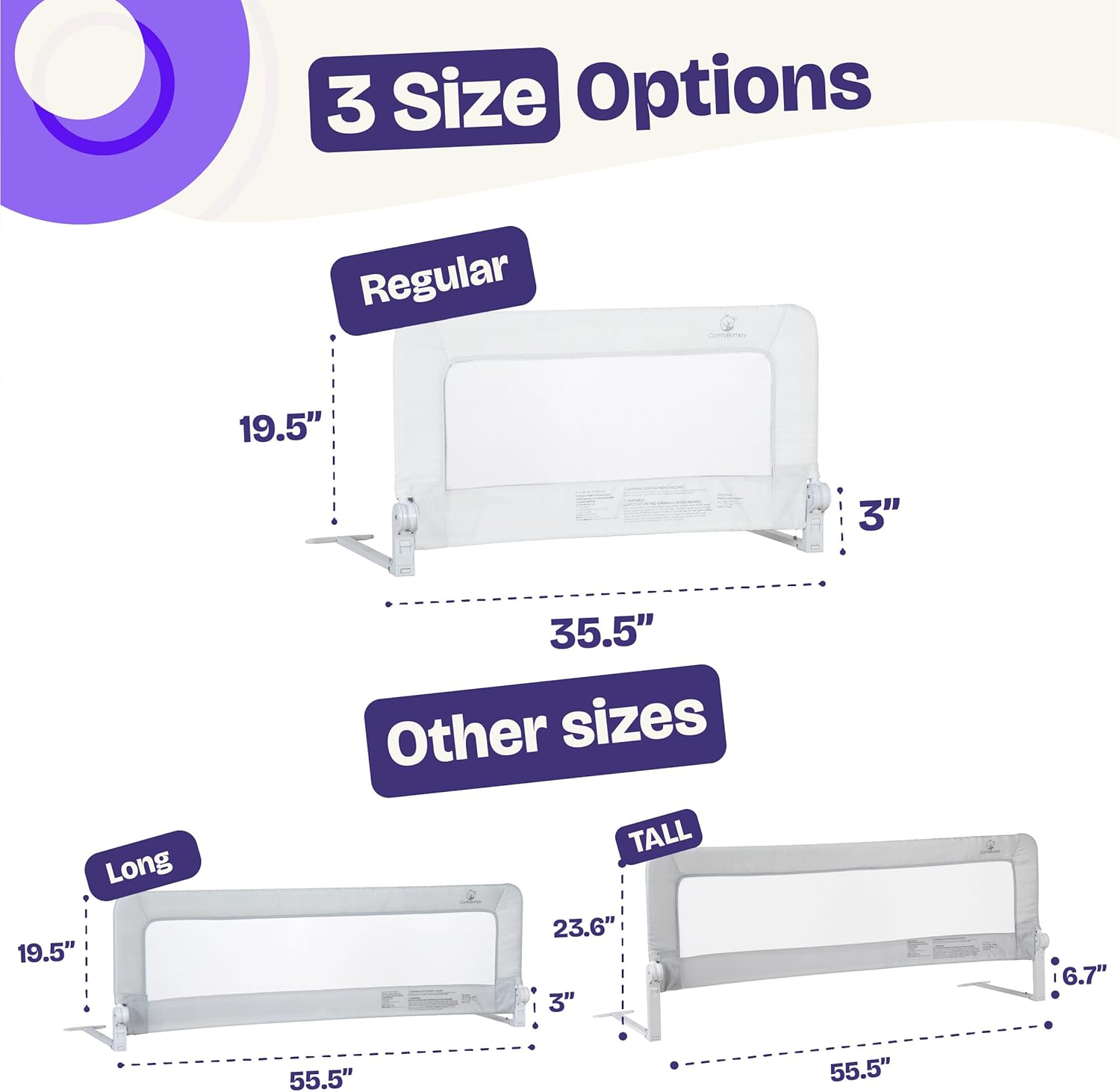ComfyBumpy Toddler Bed Rail Guard, 35.5" x 19.5" Regular Swing Down Rail for Kids Beds, White, 1 pack