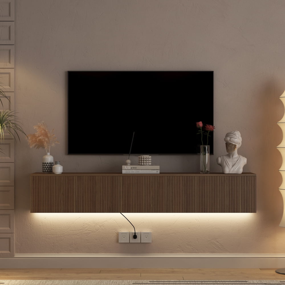 67" Floating TV Stand with 16-Color LED Lights, Wall Mounted Entertainment Center for 55/60/65 Inch TVs, Wood Finish