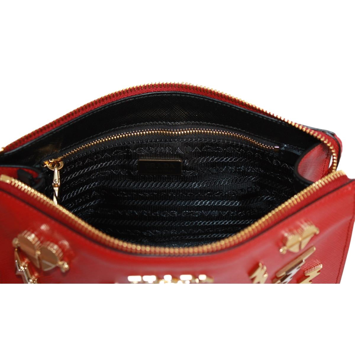 Prada Fuoco Red Saffiano Leather Gold Hearts Pouch Wristlet Clutch Bag –  Queen Bee of Beverly Hills