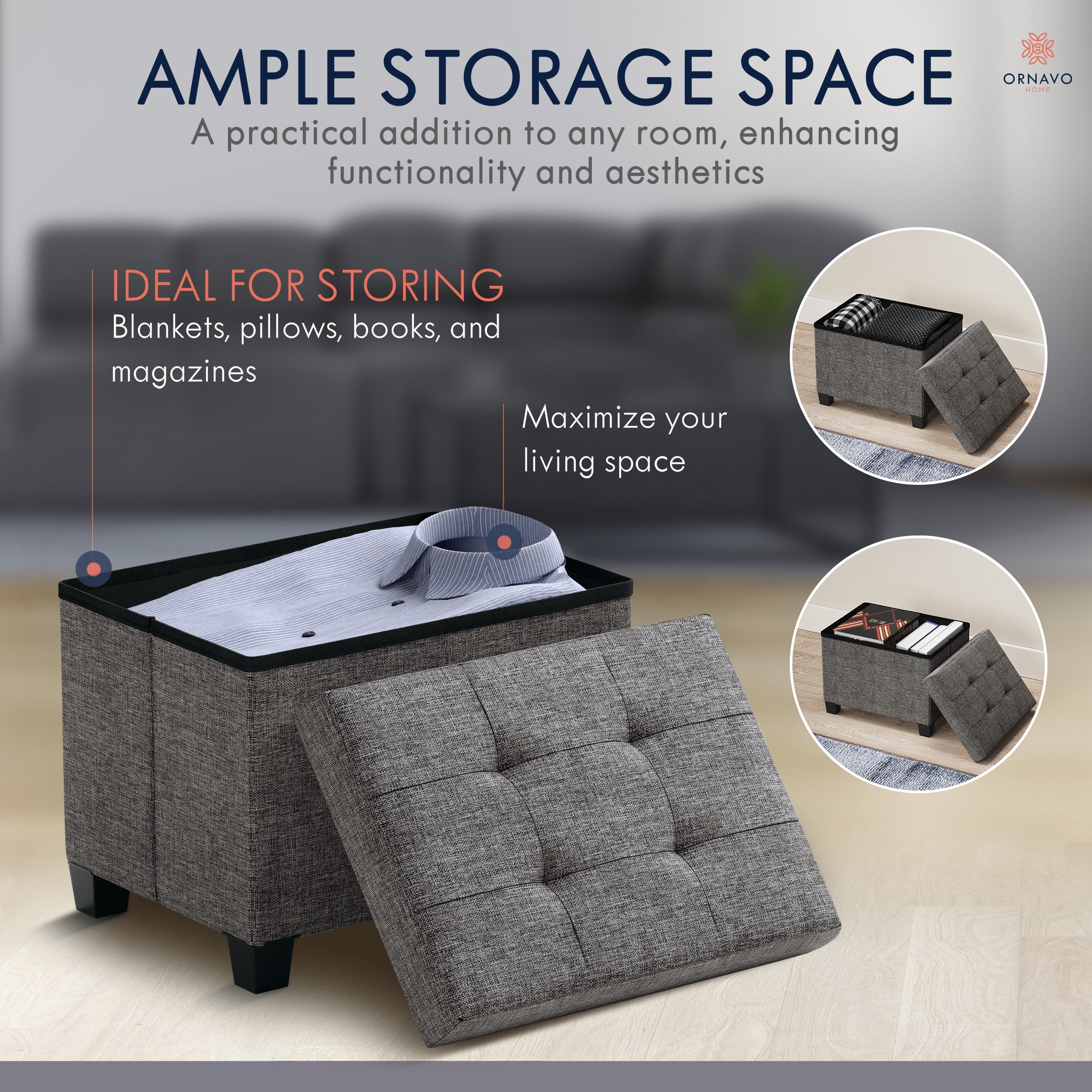 Ornavo Home Storage Ottoman Small Rectangle Ottoman with Legs, Foot Rest Stool Seat, Load up to 600 LB, for Living Room, Bedroom, Home Office, Dorm - 12 x 16 x 12, Dark Gray