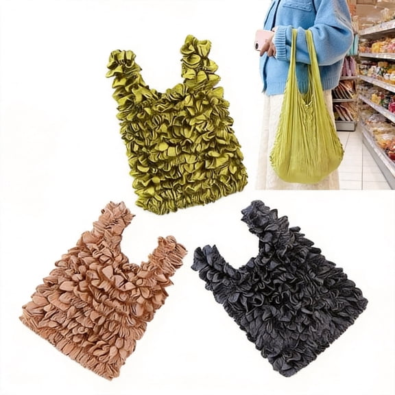 3-Piece Magic Stretch Pleated Bubble Shopping Tote, Foldable Handheld Expandable Reusable Nylon Bags, Eco-Friendly Large Capacity Mixed Colors