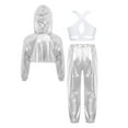 thumbnail image 2 of Doomiva Kids Girls Jazz Hip Hop Dance Outfits Metallic Long Sleeve Hoodie Sport Bra Vest And Sweatpants Set Dancewear Silver 6, 2 of 6