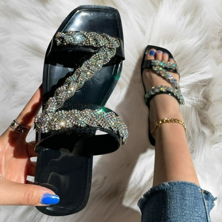 

HIBRO Fashion Spring And Summer Women Slippers Rhinestone Flat Large Size Beach Shoes