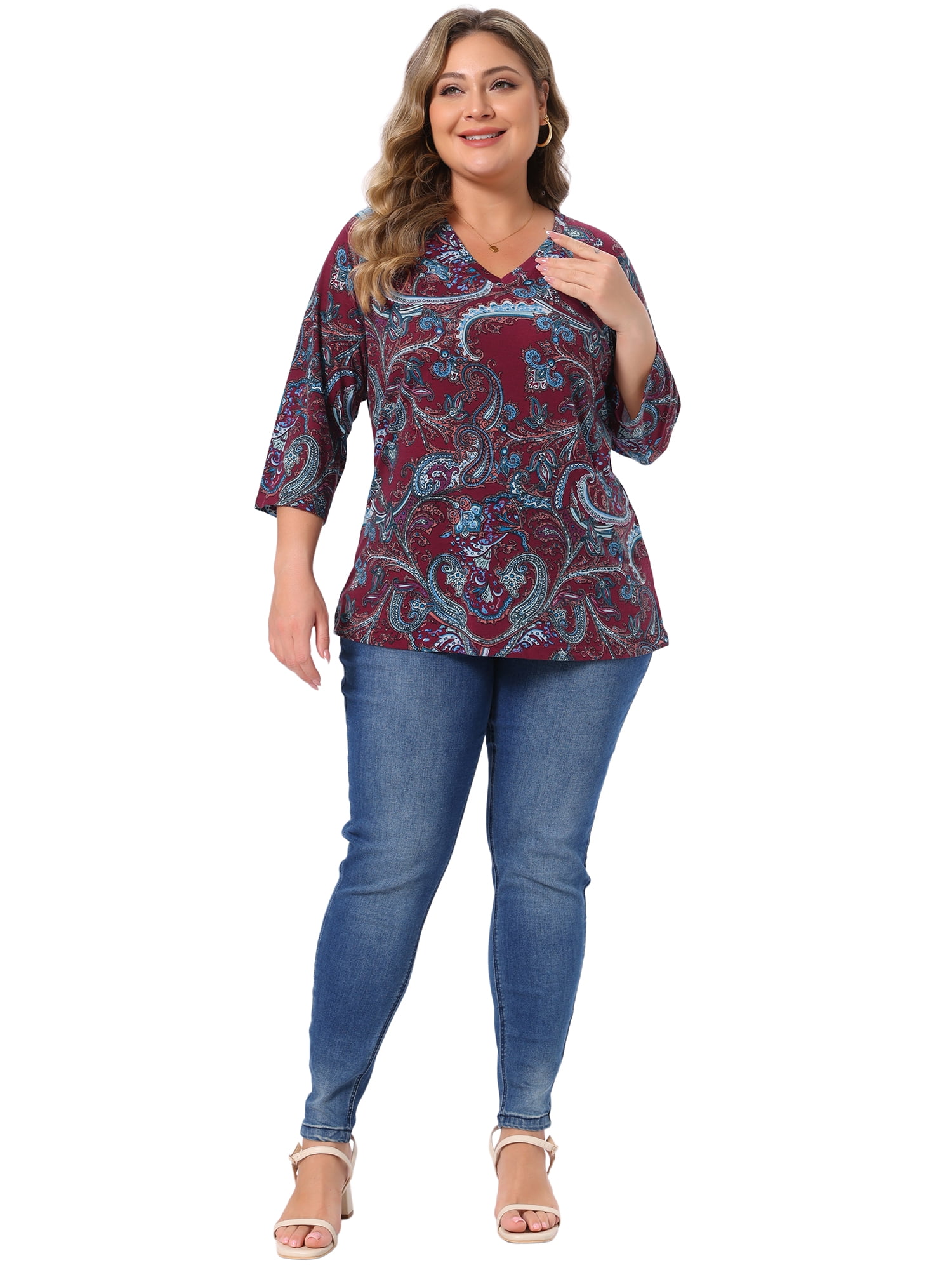 DARING DIVA Women's Plus Tops V Neck 3/4 Sleeve Knit Blouse Stripe Boho Tops 4X Burgundy