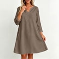 thumbnail image 6 of Bosfbaoi Linen Dresses for Women V Notch Neck 3/4 Roll Sleeve Loose A‑Line Short Dress with Side Pockets, 6 of 7