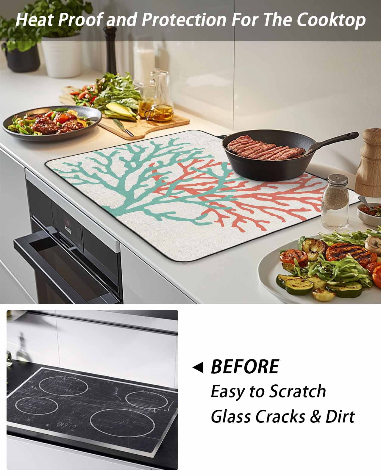 Stove Top Covers for Electric Stove, Teal Red Coral Glass Stovetop Cover Protector, Summer Ocean Nautical Coastal Rustic Burlap Induction Cooktop Protector Oven Mat for Kitchen Countertop 24"x21"