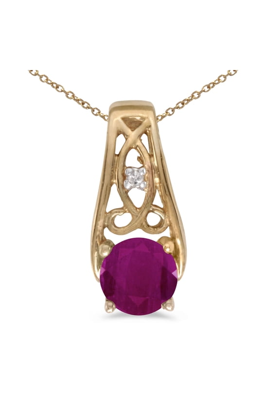 10k Yellow Gold Round Ruby And Diamond Pendant with 18" Chain