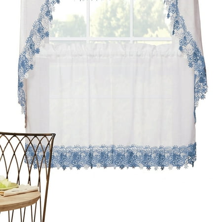 Lillian Floral Lace Trim Window Curtains With Rod Pocket On Top