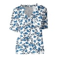 thumbnail image 4 of Summer Saving Wycnly Womens Tops Leaves Print Short Sleeve V-Neck Tee Shirts Summer Button Down Lapel Plus Size Cotton Linen Blouse with Pocket Blue M Clearance Clothes, 4 of 7