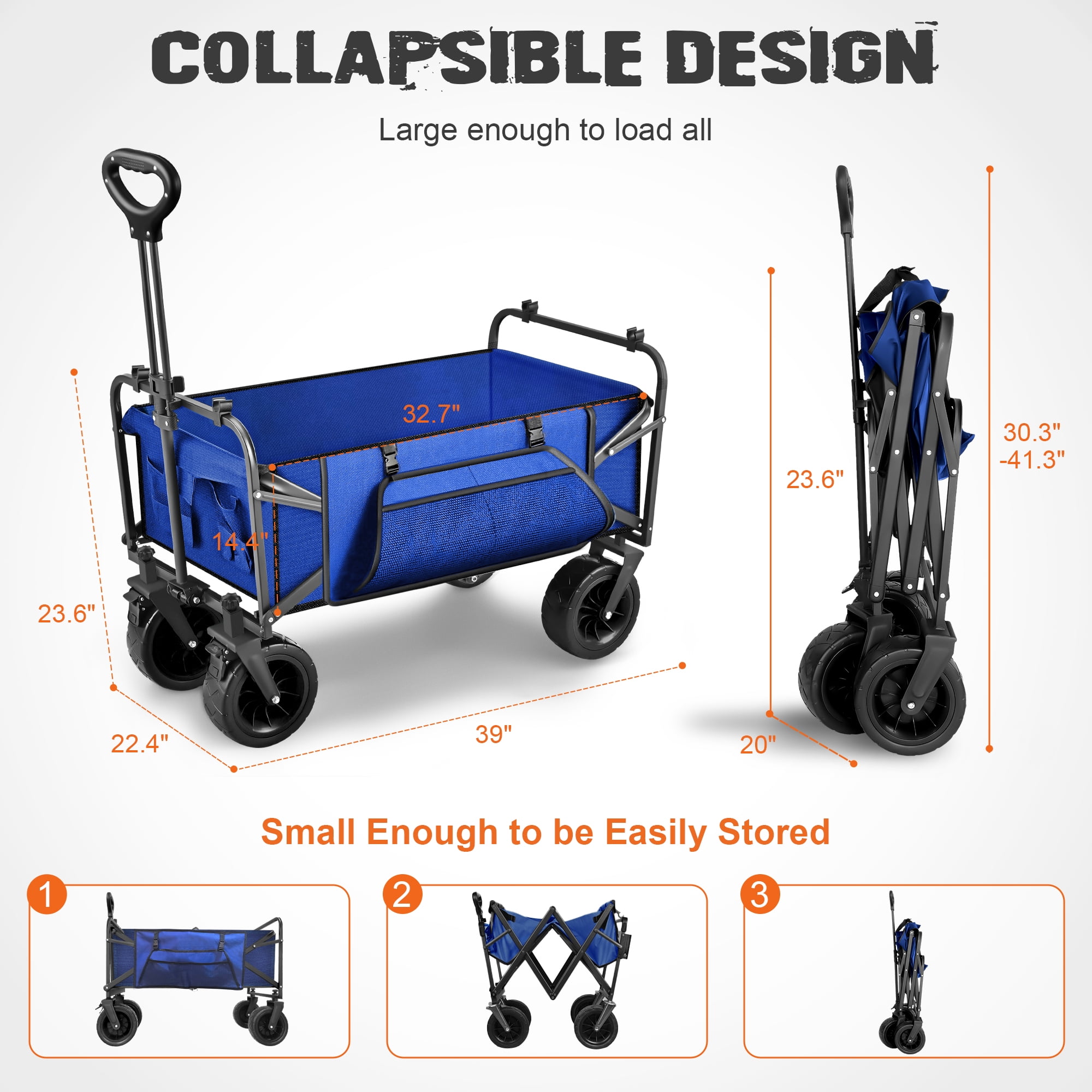 Qunler 560lbs Large Collapsible Wagon Cart, Foldable Heavy Duty Big Bucket Cart Wagon with Side Storage, Multi-Terrain Wheels with Brakes for Shopping, Camping, Garden, Grocery, Blue