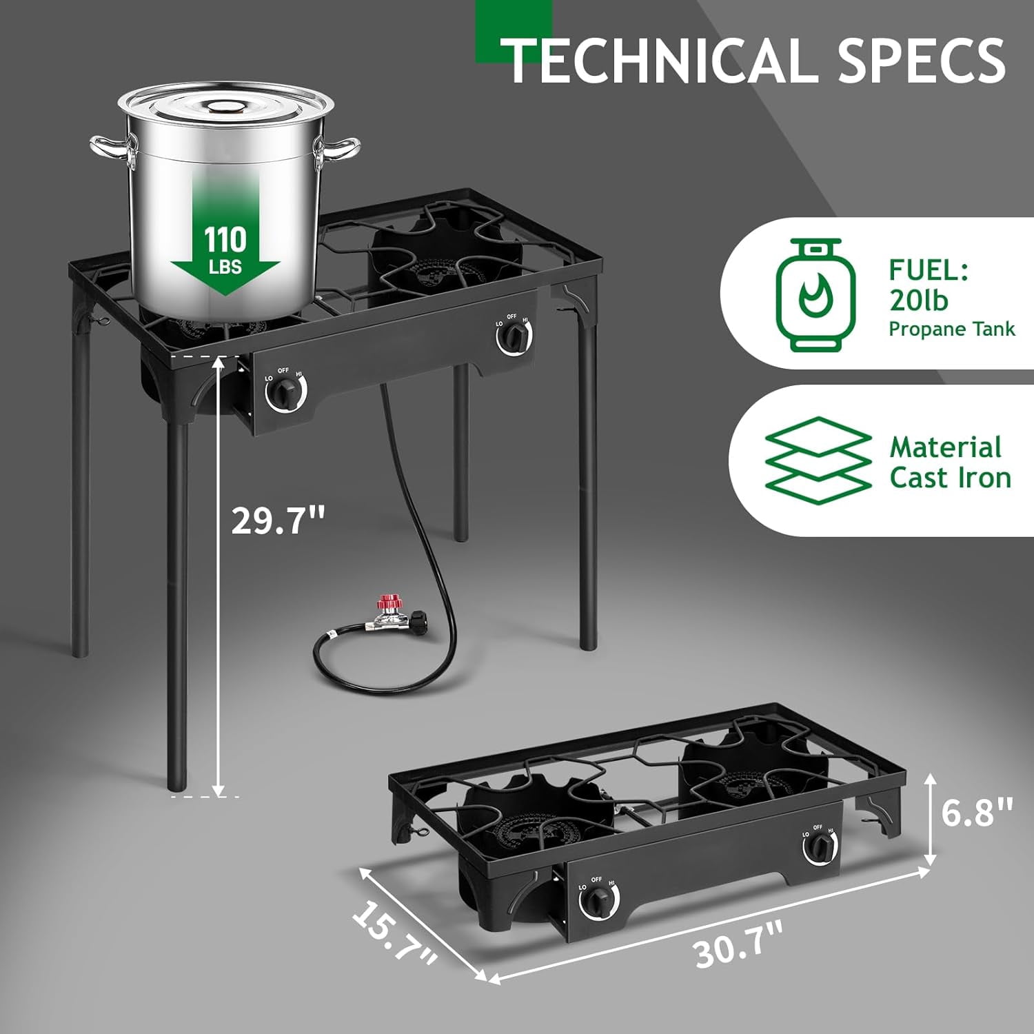 Karl home 2 Burner Propane Gas Stove, 15,0000 BTU Camping Cooker with Removable Legs & Adjustable PSI Regulator for Baking Frying Backyard Cooking BBQ Outdoor