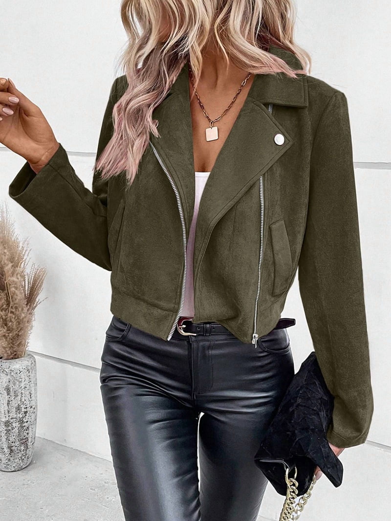 Women'S Cropped Zipper Long Sleeve Suede Faux Leather Blazer Jacket Autumn Fashion Outerwear Green M