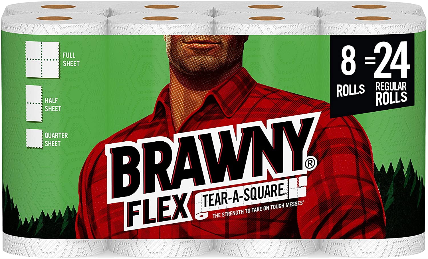 Brawny Flex Paper Towels, 8 Triple Rolls = 24 Regular Rolls, TearASquare, 3 Sheet Size Options