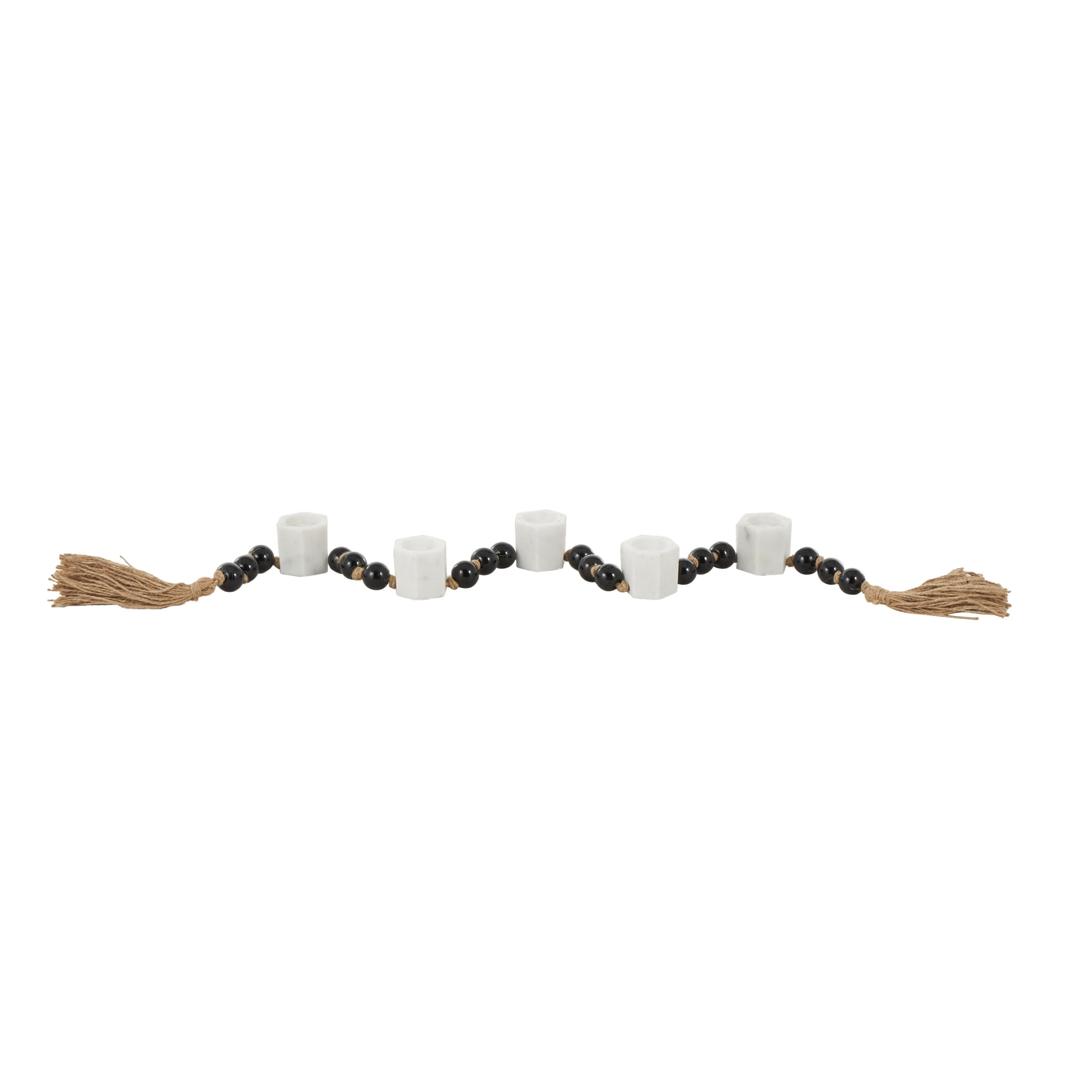 DecMode 5 Candle White Marble Hexagon Garland Candle Holder with Brown Tassel and Black Beads