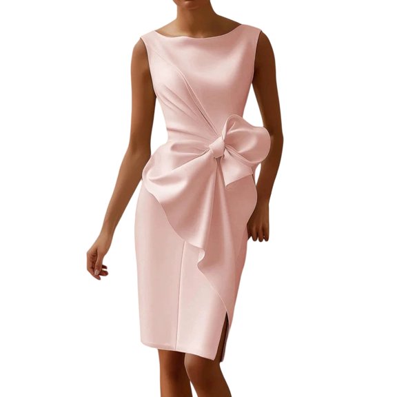 Quixlent Women Sleeveless Bodycon Dress Ruched Bow Tie Side Slit Midi Dress Lady Formal Cocktail Party Work Dress