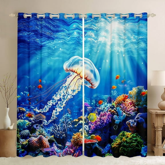 Erosebridal Marine Jellyfish Curtains for Living Room,Ocean Wildlife 30%-50% Blackout Curtains Set of 2 (38x45),Marine Decoration