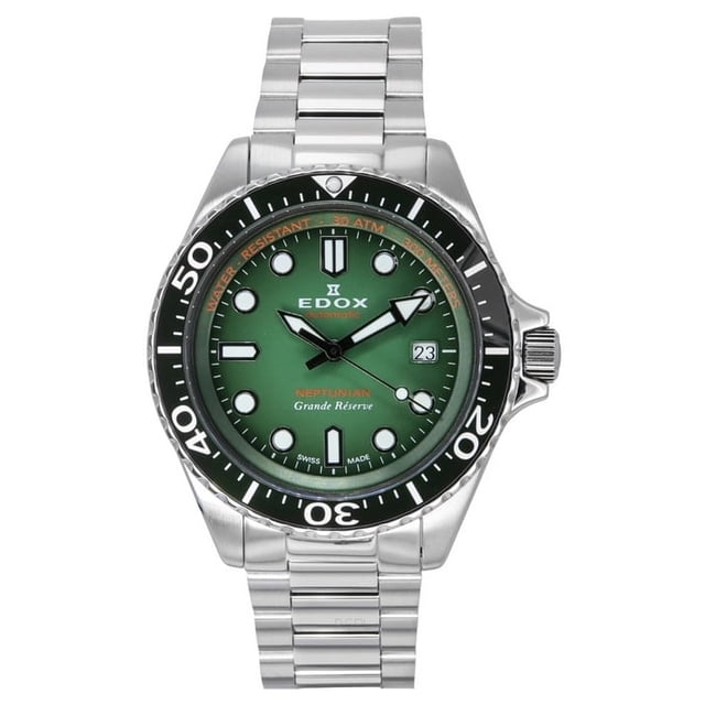 Edox Reloj de Buceo Automático Neptunian Grande Reserve con Fecha y Esfera Verde 80801 3VM VDN 300M para Hombre