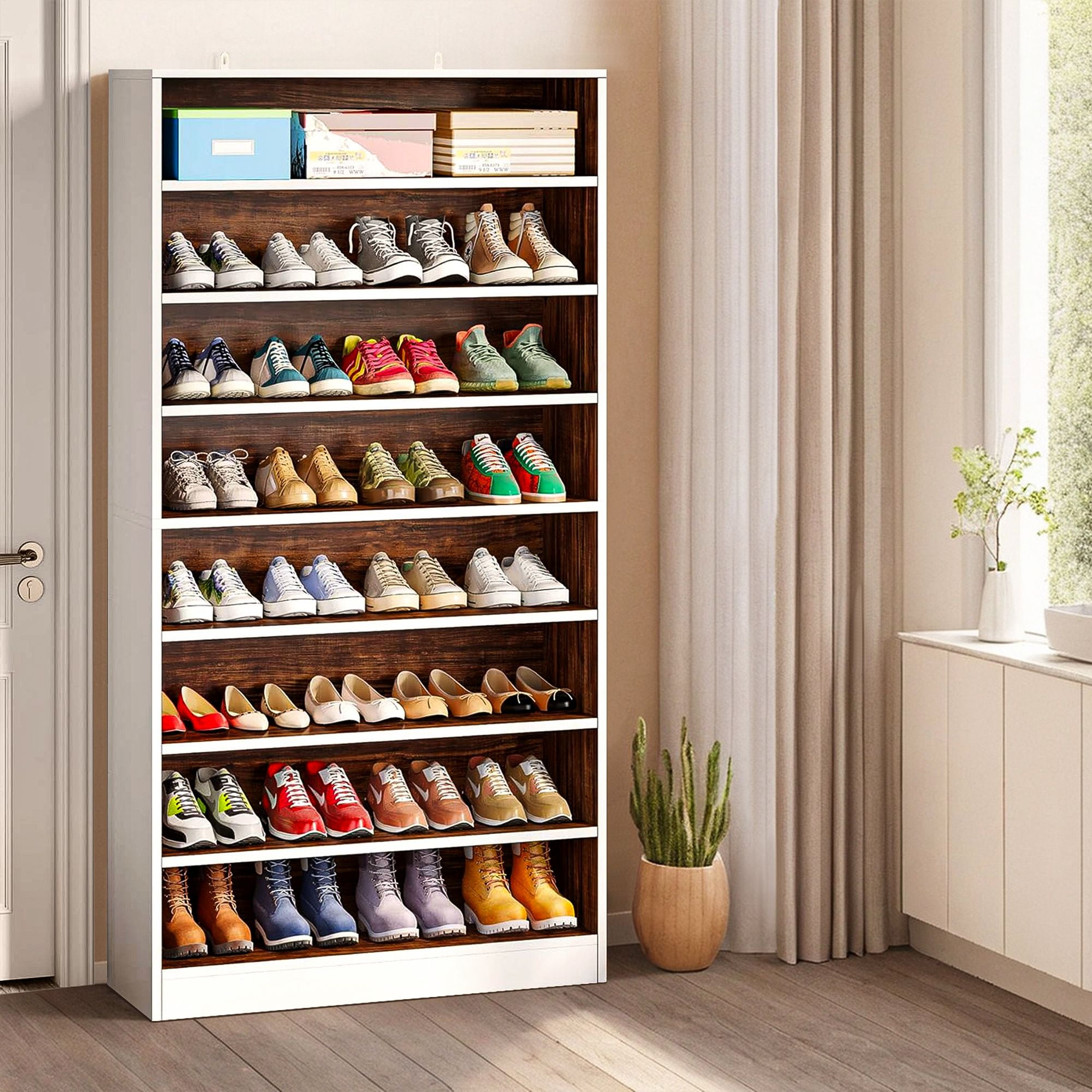Demi Bonn Wooden Shoe Rack 9-Tier Shoe Storage Organizer Entryway Shoe Shelf, 40-45 Pairs Freestanding Shoe Cabinet, White & Brown