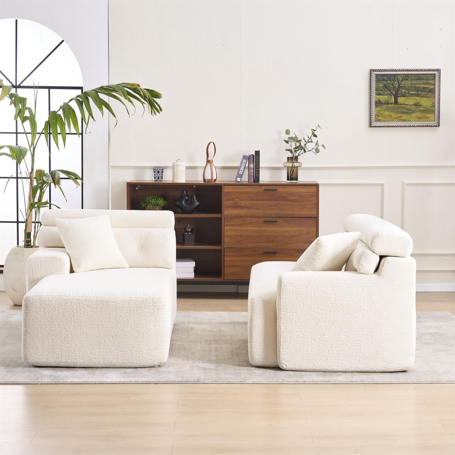 Demi Bonn 105" Modern L-Shaped Sectional Sofa, 3-Seater Couch with Chaise Lounge, 2 Accent Pillows, Wood Grain Chenille Fabric for Living Rooms, White