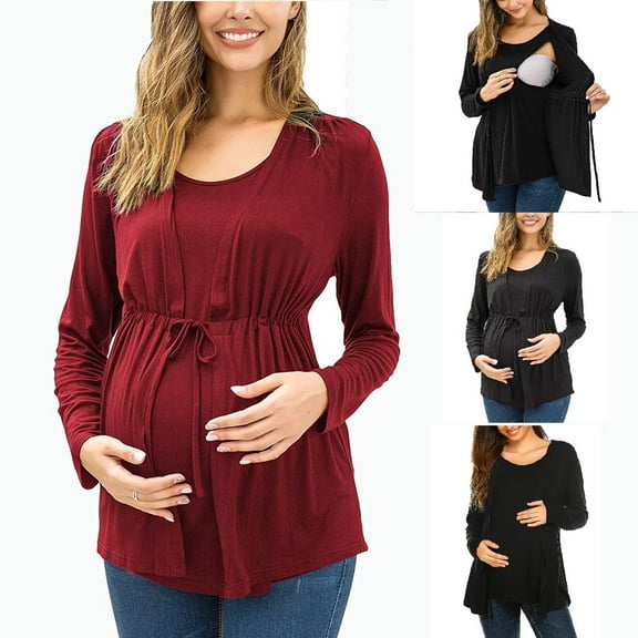 PXLKNZH 2025 Nursing_Tops for Women Maternity Fake Two Piece Long Sleeve Breastfeeding Shirts Double Layer Pregnancy Tee Mama Clothes Black,XL
